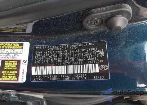 2021 Toyota Camry Se from USA, damaged, VIN 4T1G11AK7MU558861